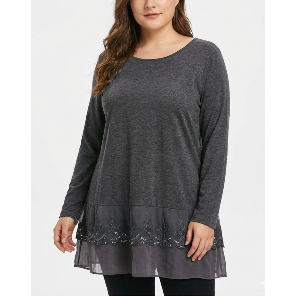 Boho Sequin Embellished Sheer Hem Gray Layered Tunic Blouse Avalin L Romantic